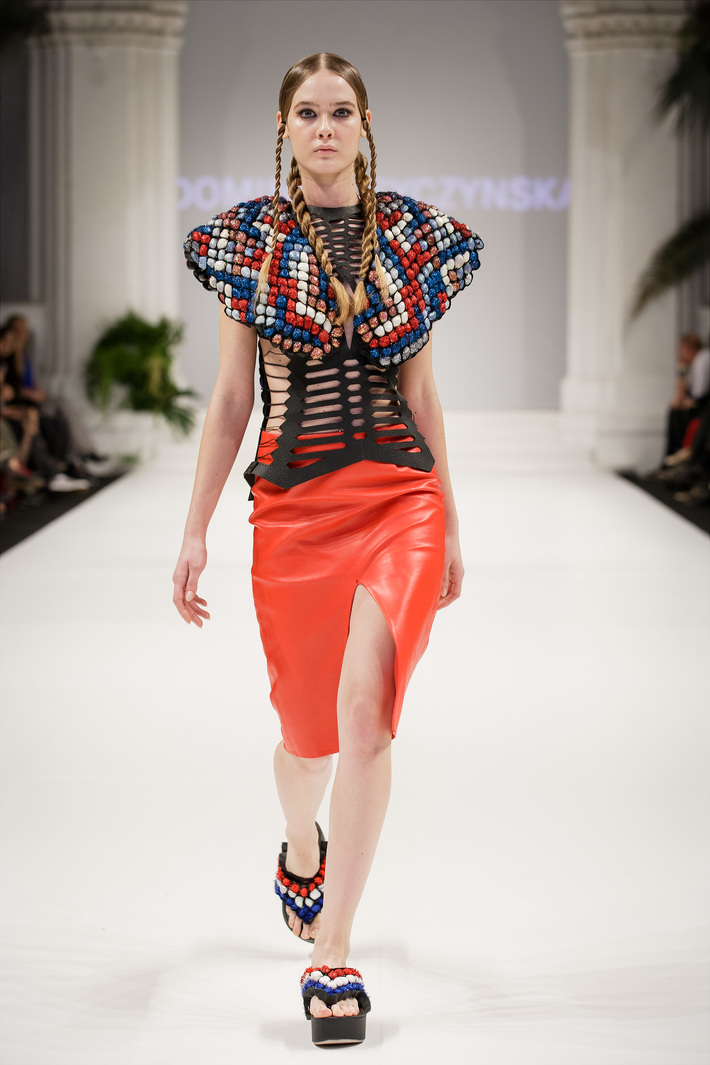 Look 2

Hand-embroidered leather top with a red, leather, pencil skirt  